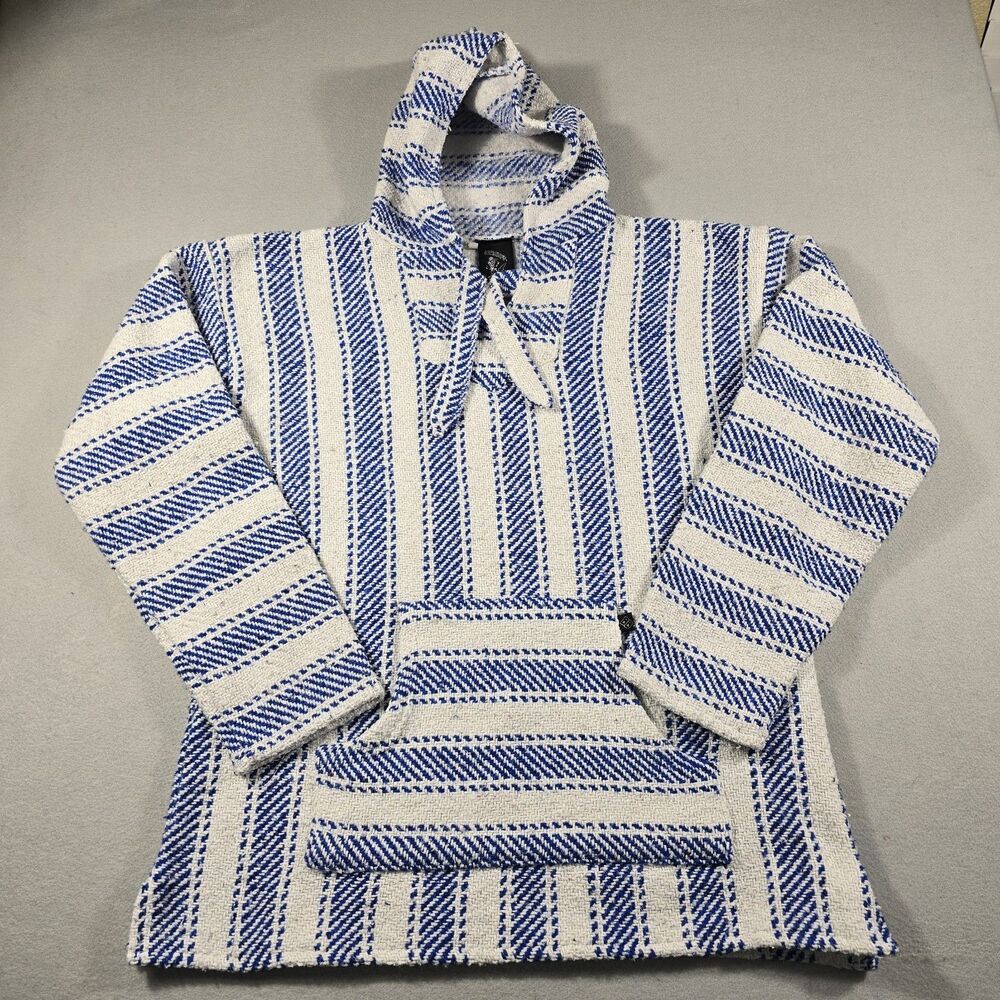 Baja Billys Men’s XL Blue White Poncho Pullover Hoodie Sweater Kangaroo Pocket